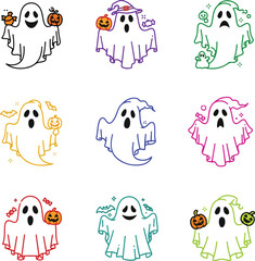 Colorful Halloween Ghost Icon Pack: Set of 9 Different Ghost Illustrations with Unique Designs and Accessories on a White Background