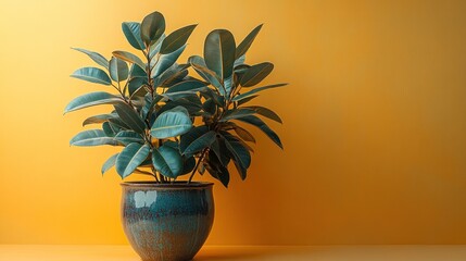 Lush Green Rubber Plant in Decorative Teal Pot Against a Vibrant Yellow Wall, Perfect for Modern Interior Decor