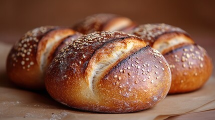 Close-up of freshly baked artisanal sourdough bread rolls with golden brown, scored crust and sesame seeds on parchment paper, ready to be enjoyed.