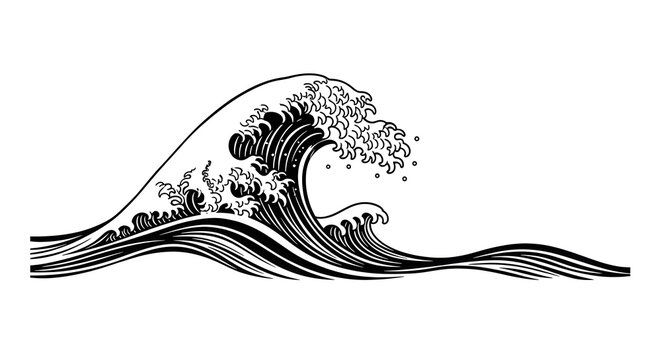 Dynamic black and white wave illustration captures the raw power of the ocean's cresting motion
