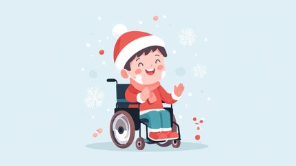 Christmas cheer and disability awareness concept, smiling boy in Santa costume sitting in wheelchair with snowflakes, vertical winter illustration, : holiday child care, wheelchair illustration