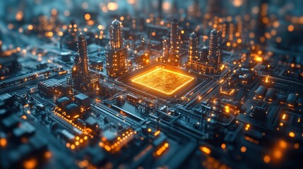 Abstract Futuristic Digital Cityscape and Circuit Board with Glowing Lights and High-Tech Components, Representing AI and Data Flow
