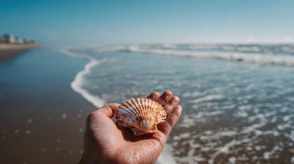 Hand holding a beautiful seashell at the beach with gentle waves in the background and a clear blue sky, capturing a serene moment of coastal nature.