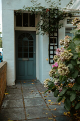 Fototapeta premium Blue Door with Climbing Rose and Hydrangeas in Chiswick