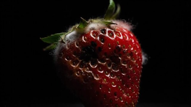 Strawberry shrivels and grows mold threads during close time lapse decomposition sequence