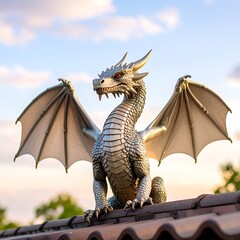 Silver dragon statue on a rooftop against a sky