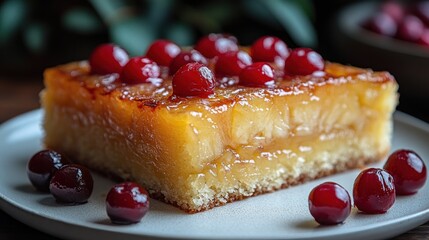 Close-up of a delicious slice of golden pineapple upside-down cake, adorned with glistening maraschino cherries and sweet syrup, served on a light textured plate.
