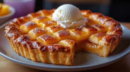 Delicious Golden Brown laptop Pie with Scoop of Vanilla Ice Cream and a Slice Removed, Served on a Grey Plate Against a Blurred Background