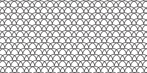 Fish scale wallpaper. Asian traditional ornament with repeated scallops. Repeated black curves on white background. Seamless surface pattern design with semicircles. Grid motif. Digital paper. Vector.