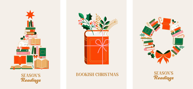 Christmas book fair posters and banners. Winter book sale vector illustrations.