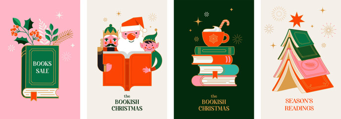 Christmas book fair posters and banners. Winter book sale vector illustrations.