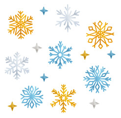 Set snowflake painted by hand with gold , blue and silver metallic paint. A decorative snowflake made of metallic foil...