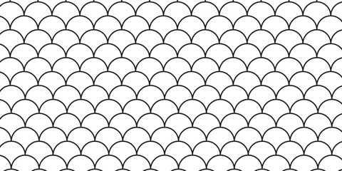 Fish scale wallpaper. Asian traditional ornament with repeated scallops. Repeated black curves on white background. Seamless surface pattern design with semicircles. Grid motif. Digital paper. Vector.