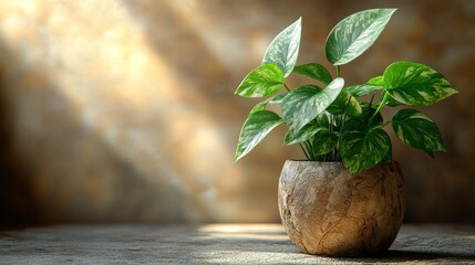 Vibrant Variegated Pothos Houseplant in Rustic Pot, Illuminated by Soft Sunbeams on a Textured Surface, Creating a Peaceful Indoor Scene