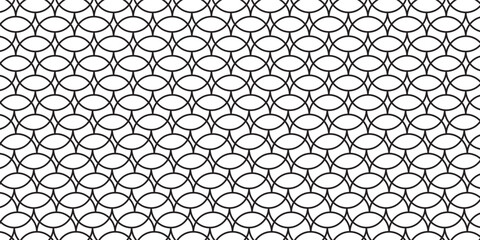 Fish scale wallpaper. Asian traditional ornament with repeated scallops. Repeated black curves on white background. Seamless surface pattern design with semicircles. Grid motif. Digital paper. Vector.