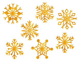Set snowflake painted by hand with gold metallic paint. A decorative snowflake made of gold foil..