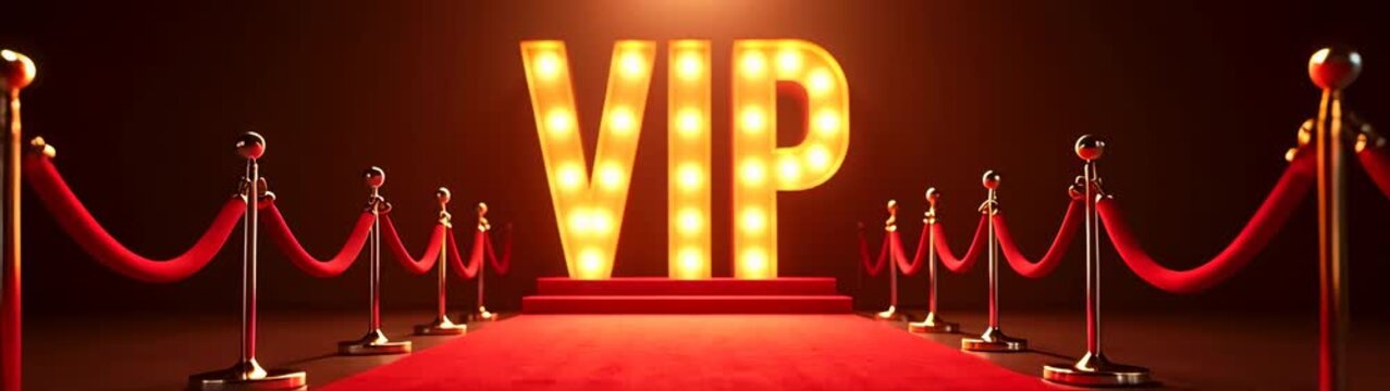 Red carpet with a red rope barrier and a sign that says vip