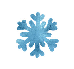 A snowflake painted by hand with blue metallic paint. A decorative snowflake made of blue foil...