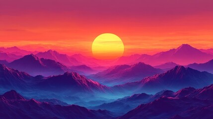 Obraz premium Vibrant Synthwave Sunset over Ethereal Layered Mountains: A Futuristic Digital Landscape