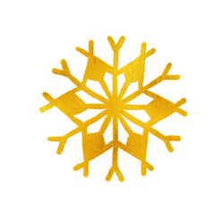 A snowflake painted by hand with gold metallic paint. A decorative snowflake made of gold foil.