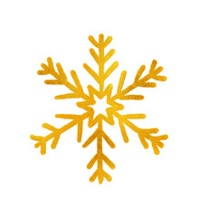 A snowflake painted by hand with gold metallic paint. A decorative snowflake made of gold foil.