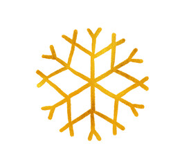 A snowflake painted by hand with gold metallic paint. A decorative snowflake made of gold foil.