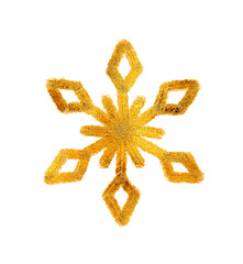 A snowflake painted by hand with gold metallic paint. A decorative snowflake made of gold foil.