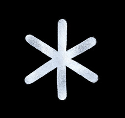 A snowflake painted by hand with silver metallic paint. A decorative snowflake made of silver foil..