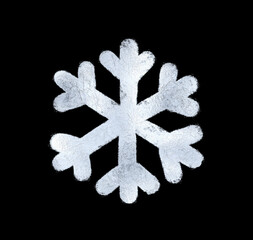 A snowflake painted by hand with silver metallic paint. A decorative snowflake made of silver foil..