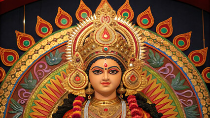 Obraz premium Majestic maa durga face in golden embellished crown with peacock feather inspired aura