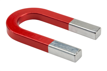 Magnetism, science tools and magnetic attraction concept with close up photograph on red and silver magnet in shape of horseshoe isolated On Transparent Background