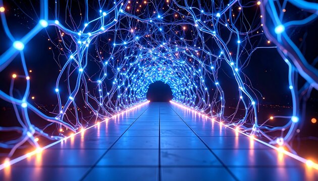 Glowing Tunnel of Light and Flowing Network Abstract Futuristic Path