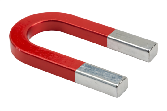 Magnetism, science tools and magnetic attraction concept with close up photograph on red and silver magnet in shape of horseshoe isolated On Transparent Background - Powered by Adobe