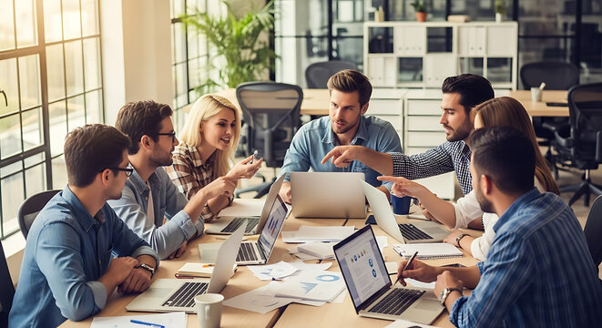 Dynamic business team engaging in an animated discussion during a strategic meeting, collaborating to devise innovative solutions in a modern office environment.