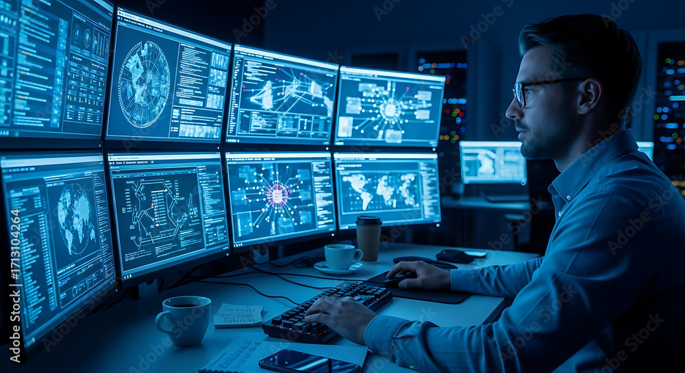 Wall mural a focused individual, eyes glued to a series of monitors displaying intricate data streams, immersed