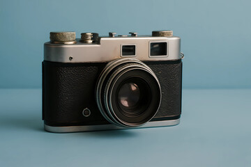 Vintage camera in black and silver, pastel background, photography, retro style