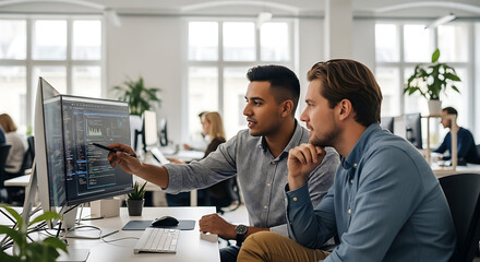 Two professionals collaborate at a modern office, engaged in focused discussion, sharing knowledge, and inspecting lines of code on the screen, symbolizing cooperation, and technology.
