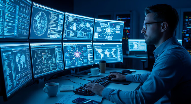 A focused individual, eyes glued to a series of monitors displaying intricate data streams, immersed in the depths of technology. The ambiance of a tech command center setting.