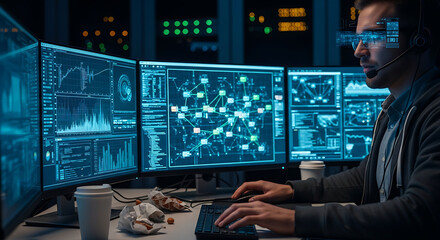 A determined technician in a high-tech control room intently monitors complex data on multiple screens.