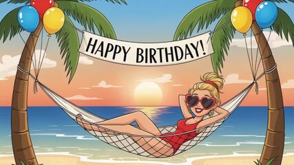 With a birthday banner overhead and the sun setting in a blaze of color, a cartoon woman finds her slice of paradise in a hammock