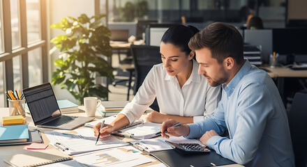 Two colleagues, immersed in a collaborative work session, analyzing data and strategizing to achieve the set goal, bathed in natural sunlight.