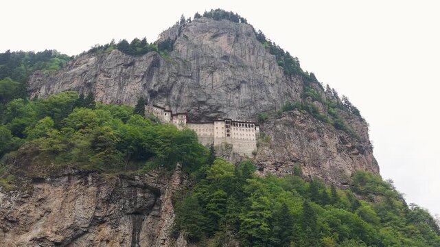 Aerial Drone View of Sumela Monastery in the Misty Mountains of Trabzon, Turkey
