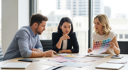 A focused group of design professionals, huddled around a table, meticulously reviewing color palettes and blueprints, illuminated by natural light streaming through expansive windows. 