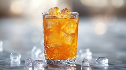 Refreshing iced drink in a textured glass with melting ice cubes on a wet, reflective surface against a blurred bokeh background