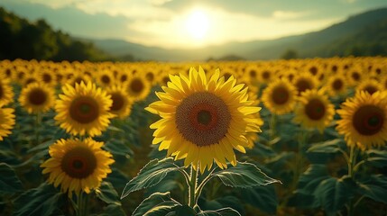 Fototapeta premium Golden Hour Sunflower Field: Vibrant Blooms Under Sunset Sky with Distant Mountains