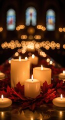 Warm glowing candles and vibrant autumn leaves adorn a sacred church interior. Spiritual remembrance and devotion for All Saints' Day. Holy atmosphere with blurred lights.