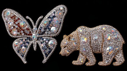 Fototapeta premium Rhinestone butterfly and bear with glittering crystal decorations.
