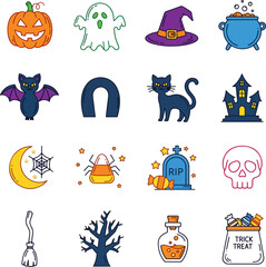 Colorful Halloween Line Art Icon Pack: Jack-o'-Lantern, Ghost, Witch Hat, Cauldron, Bat, Horseshoe, Black Cat, Haunted House, Moon, Spider, Candy Corn, Tombstone, Skull, Broomstick, Spooky Tree, and P