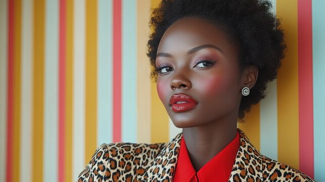 Stunning African American woman with vibrant makeup, bold red glossy lips, and natural curly hair, wearing a leopard print blazer and red shirt against a colorful striped background.