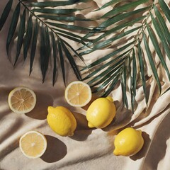 Lemons on a drape with a palm leaf